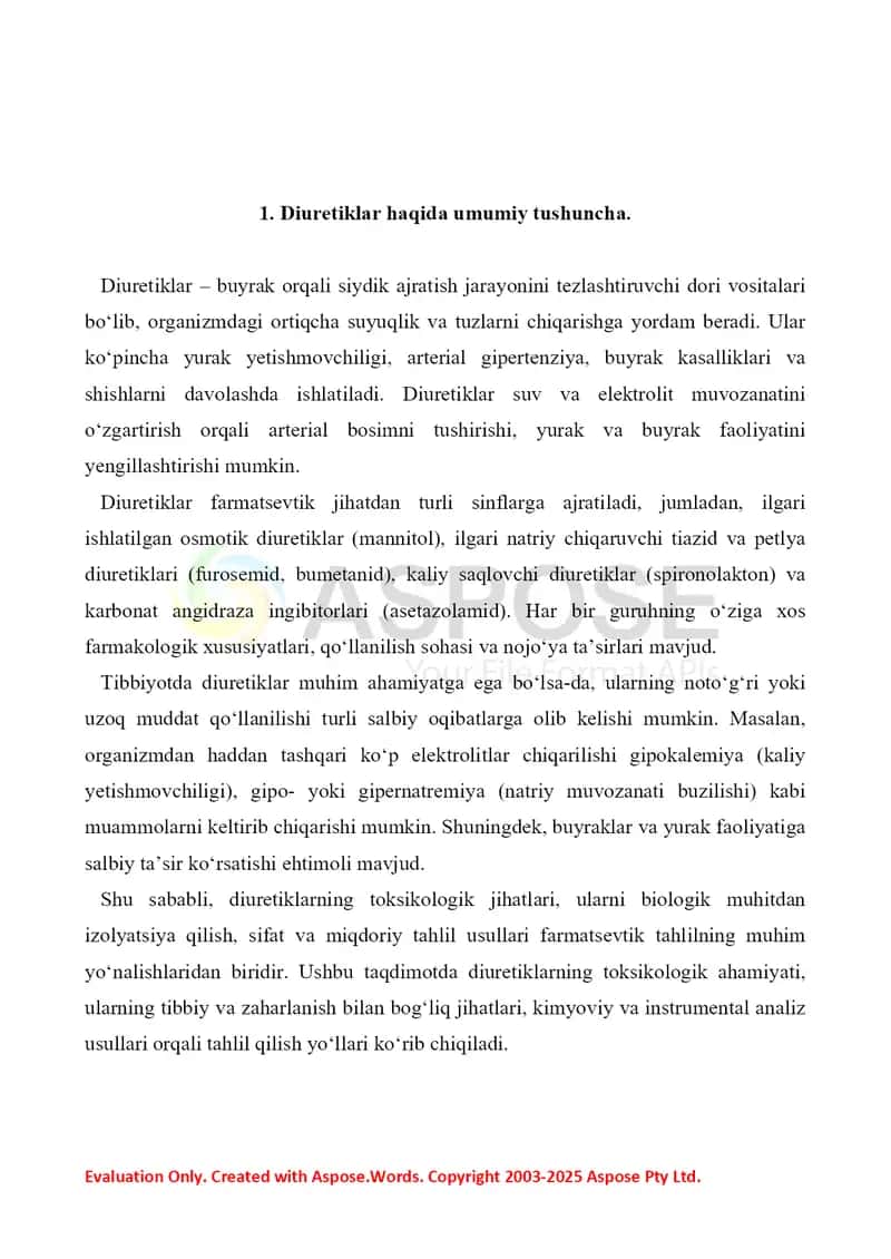 4. Diuretiklar. Toksikologik ahamiyati, izolyatsiyasi, sifat va miqdoriy tahlili. Referat 7 bet. 2