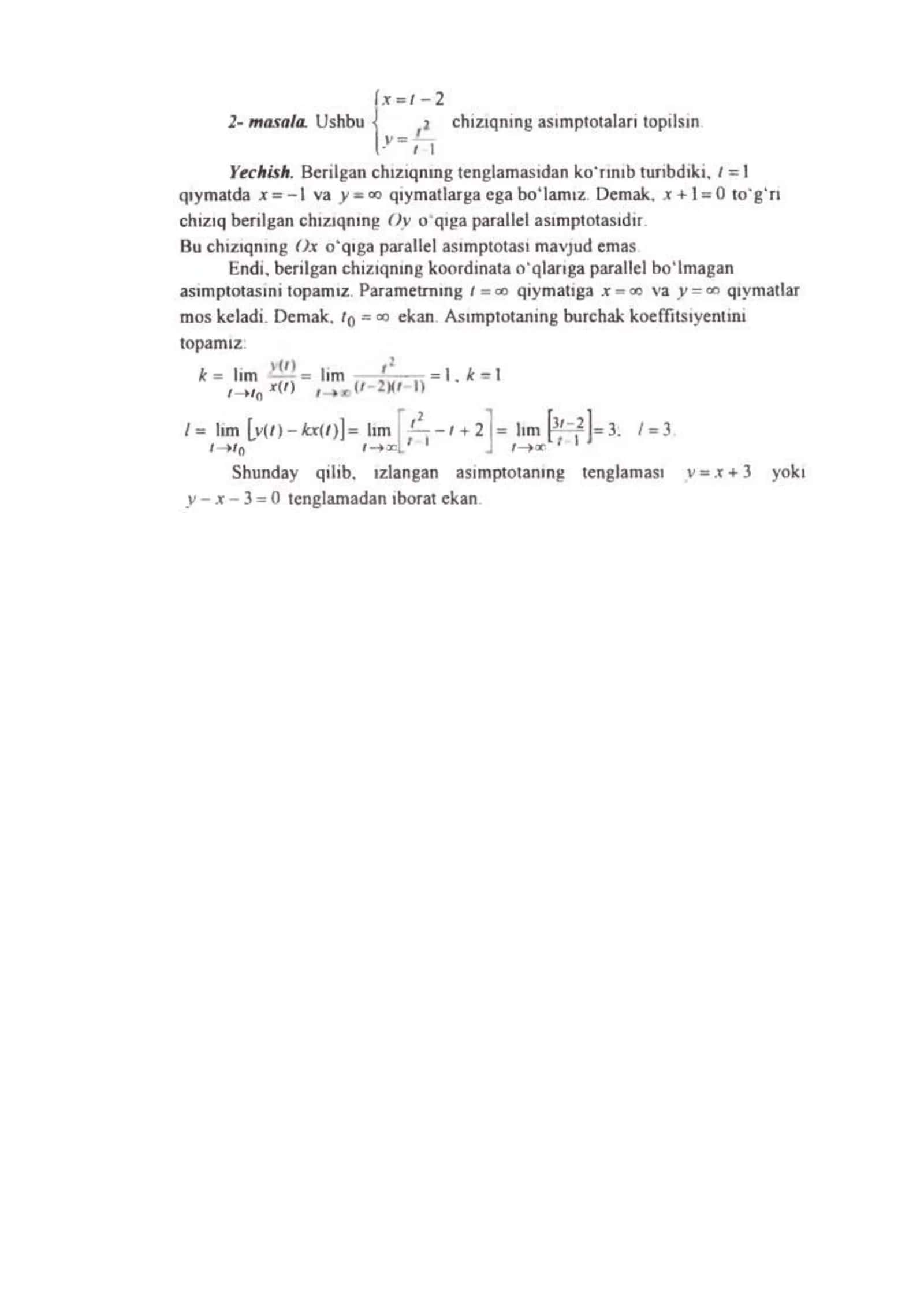 Parametrlangan tekis chiziqning asimptotalari 2