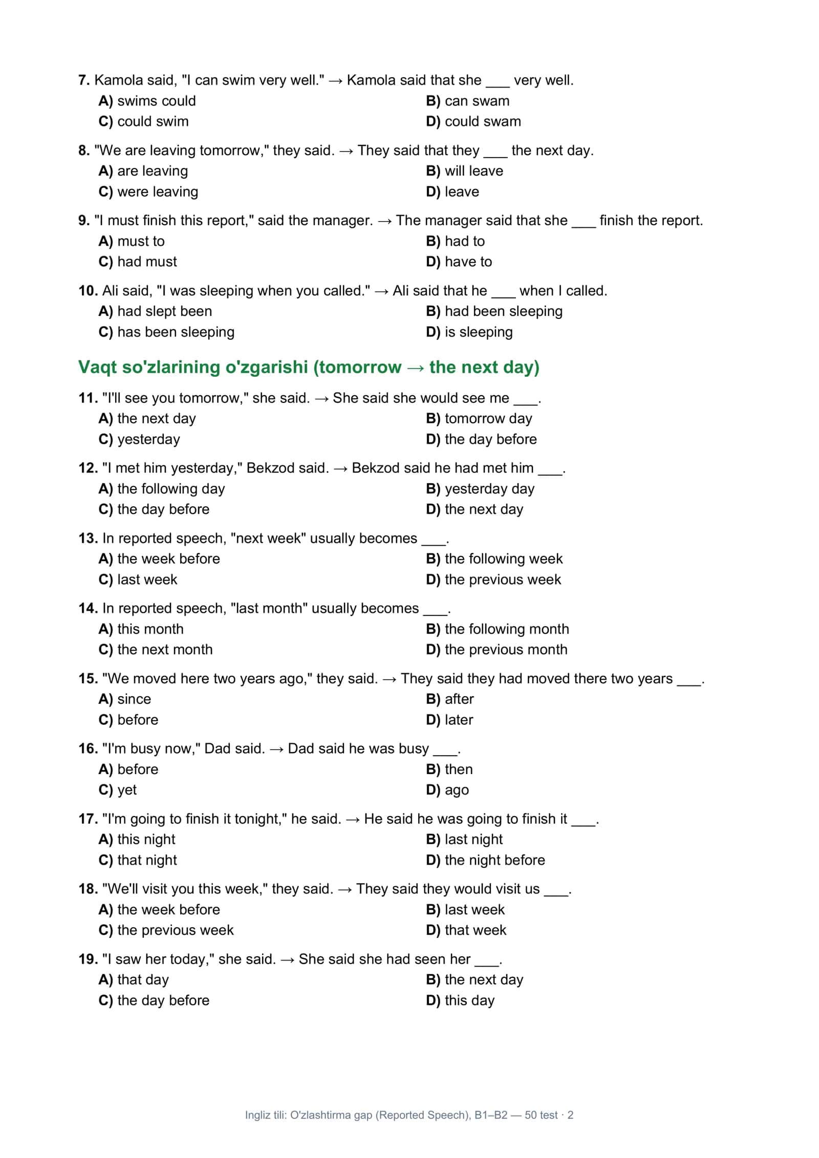 Ingliz tili: O'zlashtirma gap (Reported Speech), B1–B2 2