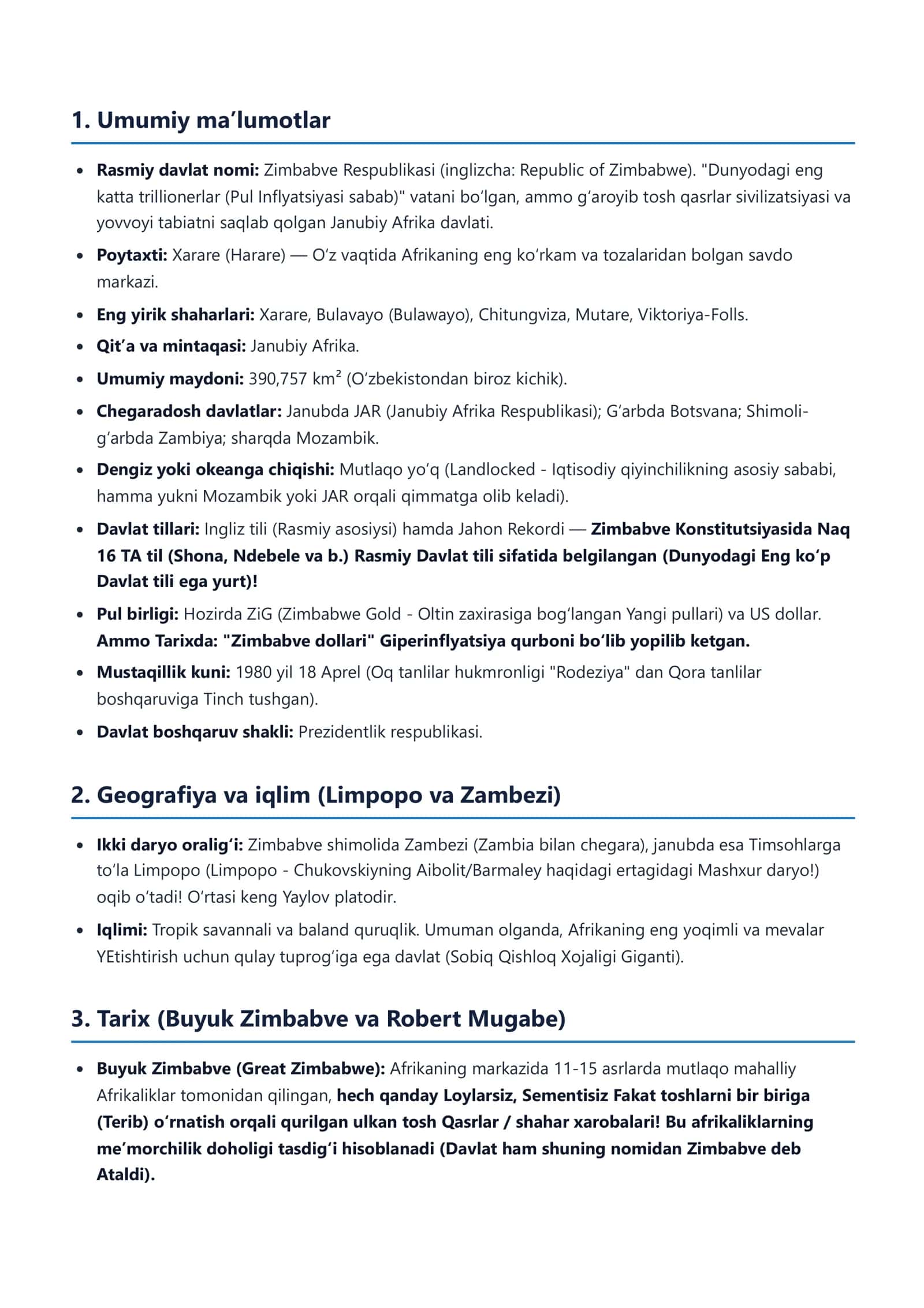 Zimbabve Respublikasi Mamlakat ensiklopediyasi 2