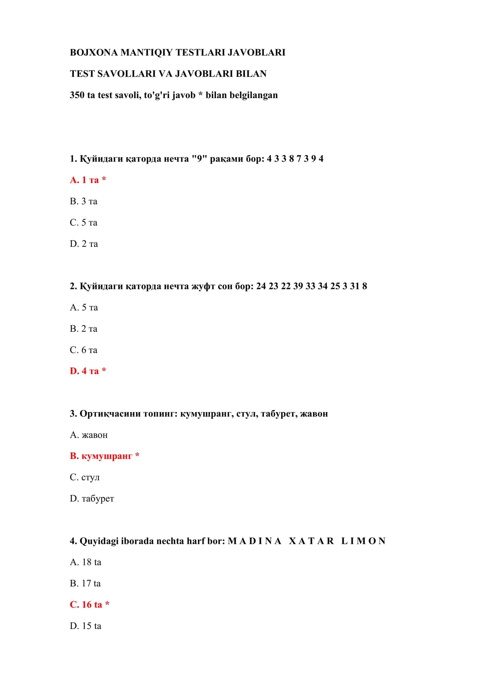 BOJXONA MANTIQIY TESTLARI JAVOBLARI 2
