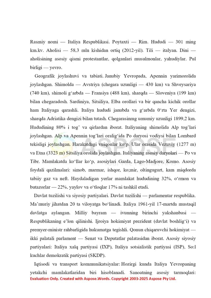Italiya davlati va turizmi 2