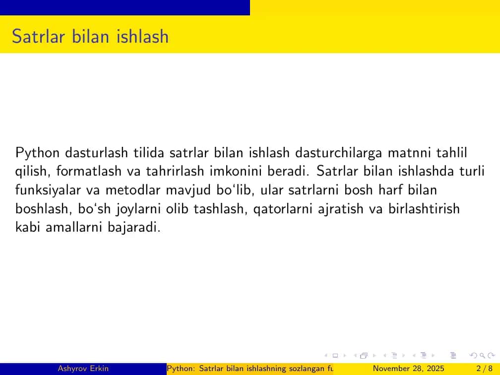 Python: Satrlar bilan ishlashning sozlangan funksiyalari 2