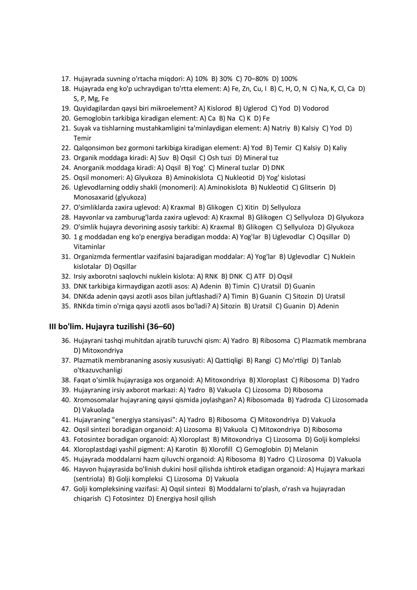 9-sinf Biologiya – 1-chorak test (100 ta savol) 2