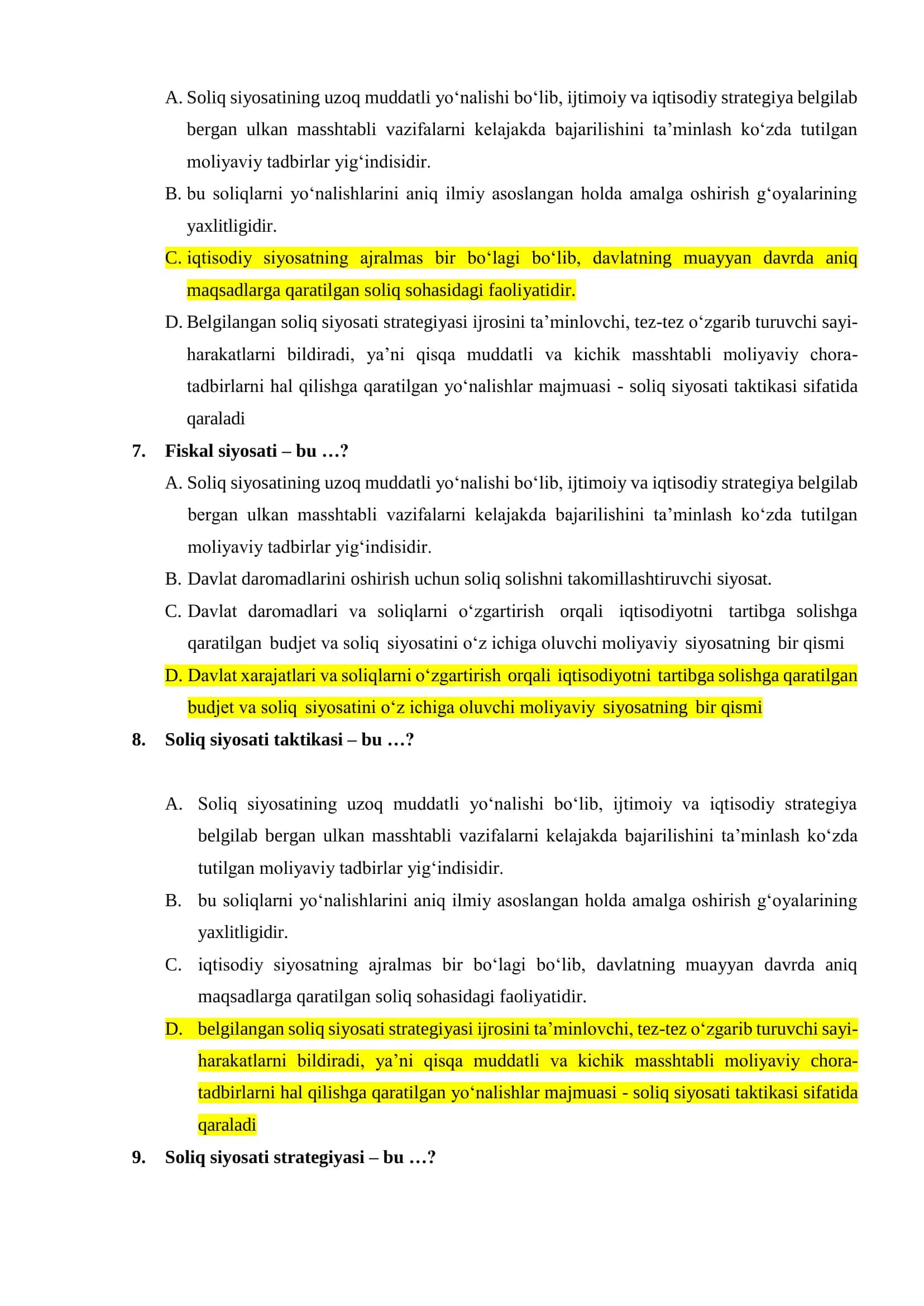 SOLIQ VA SOLIQQA TORTISH FANIDAN TEST SAVOLLARI 2