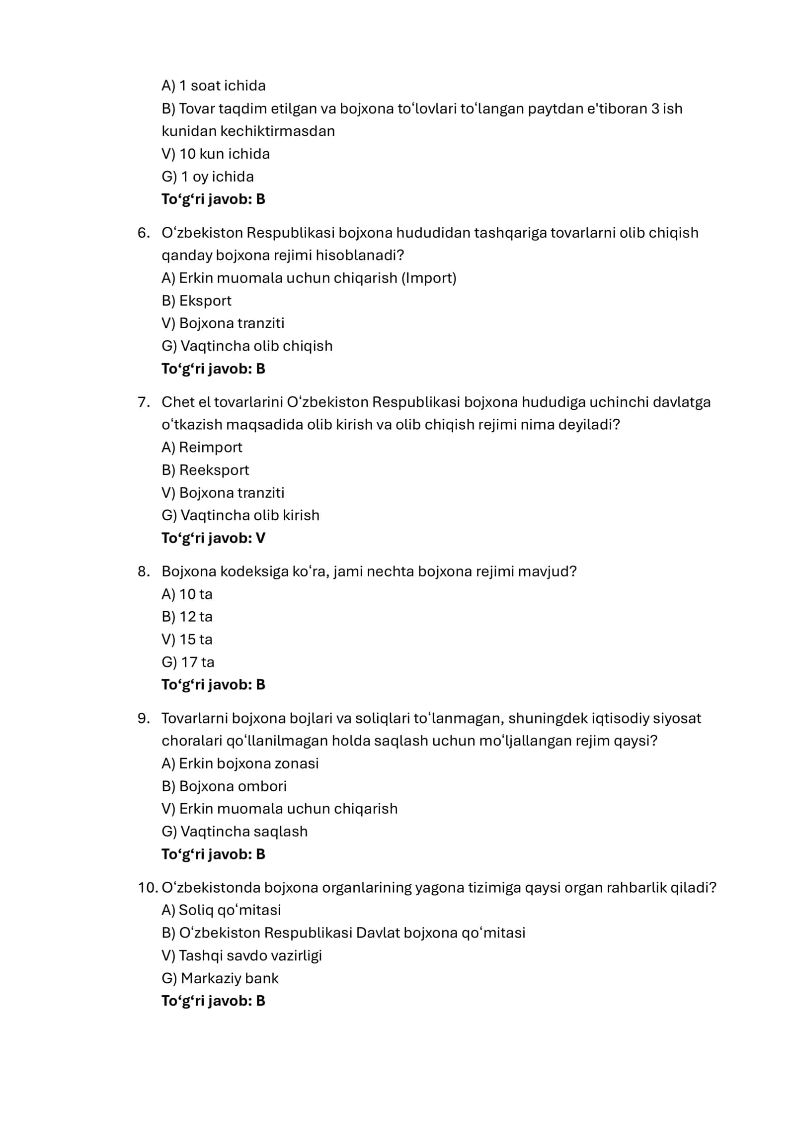 Bojxona qo'mitasi tizimiga ishga kirish maxsus test bazasi javoblar bilan 2