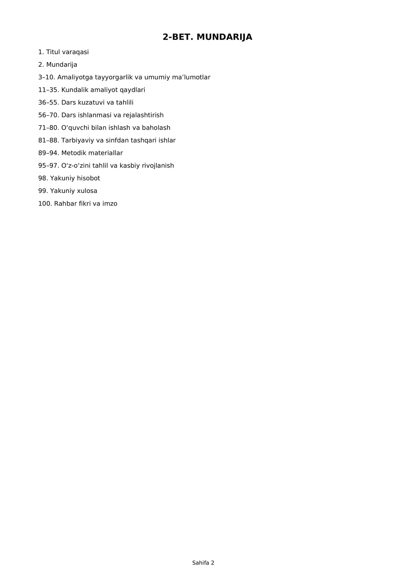 : Pedagogik amaliyot to‘liq portfeli — 100 bet, Word + PDF 2
