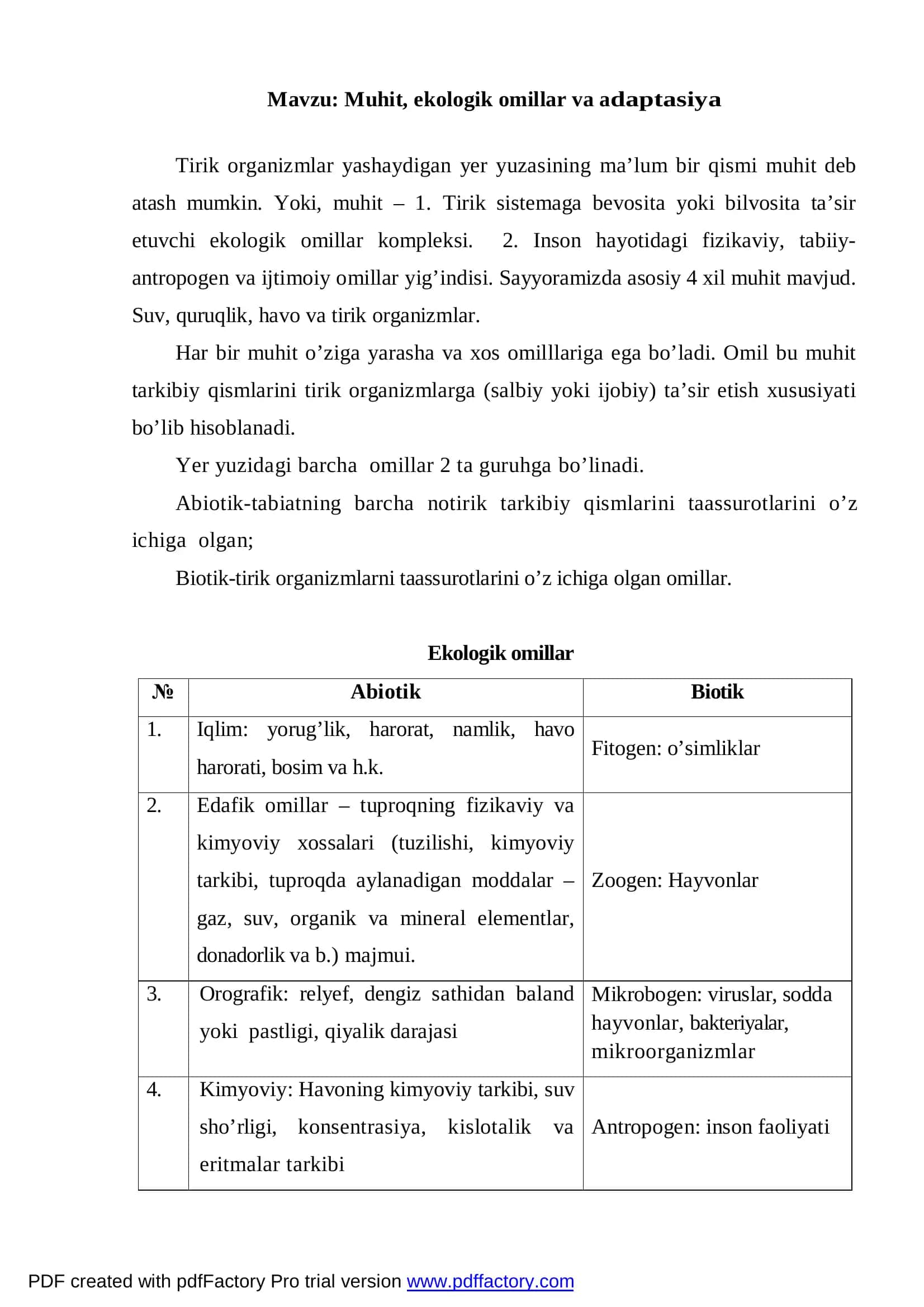 Ekologiya fanidan Referat 2