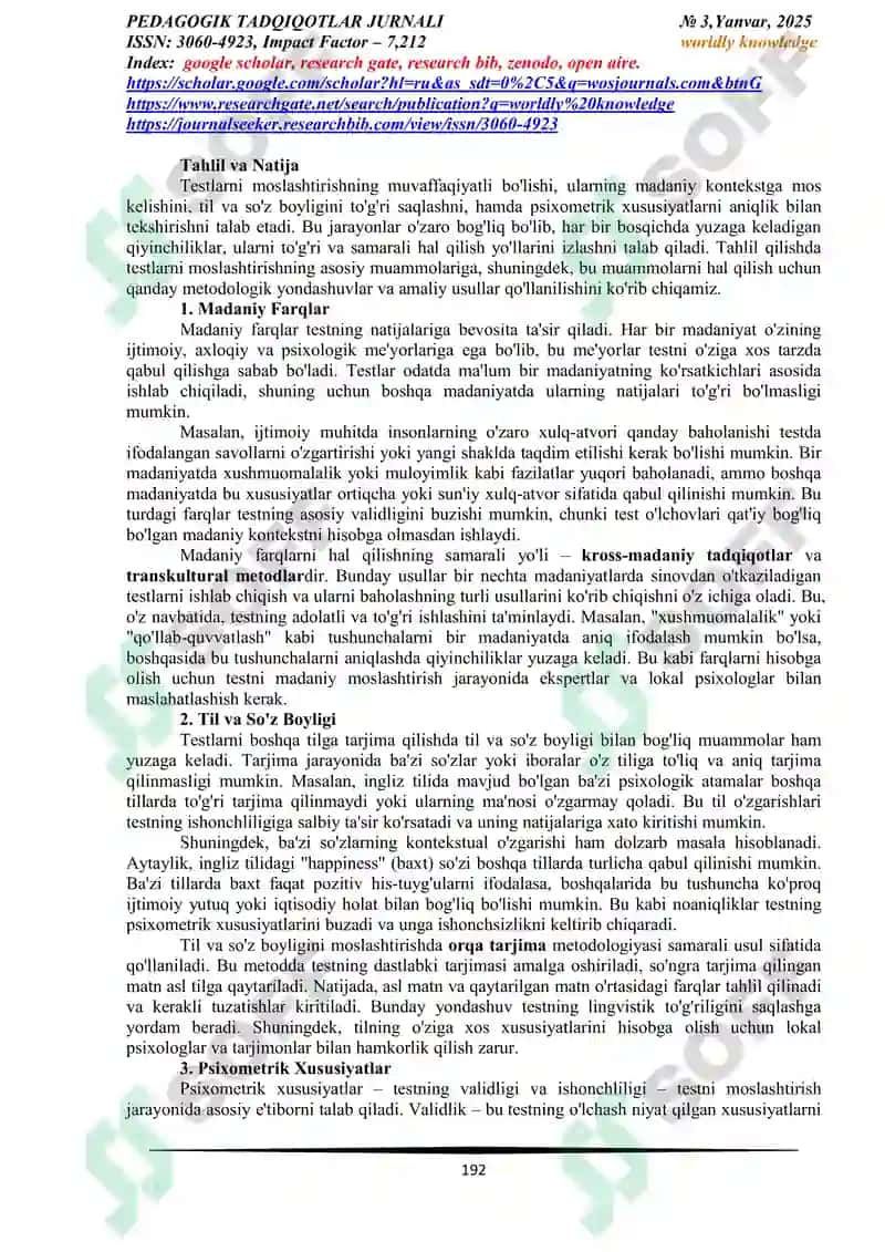 "EKSPERIMENTAL PSIXOLOGIYA" FANIDAN "TESTLARNI MOSLASHTIRISH" MAVZUSIDA MAQOLA 2