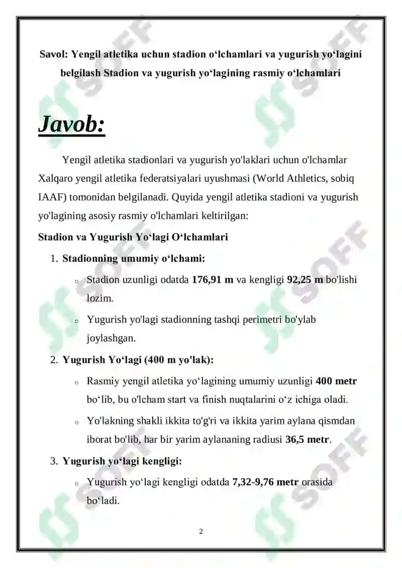 Yengil atletika uchun stadion oʻlchamlari va yugurish yoʻlagini belgilash 2