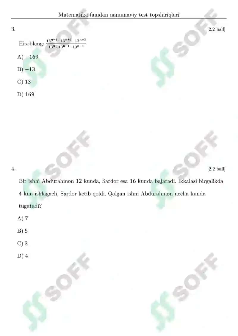 DTM testlari va javoblari matematika fanidan 2