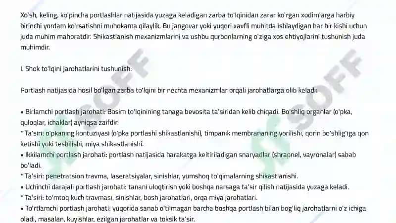 Zarba to‘lqini sodir bo‘lganda xarbiy xizmatchilarga 1- xarbiy tibbiy yordamni ko‘rsatish. 2
