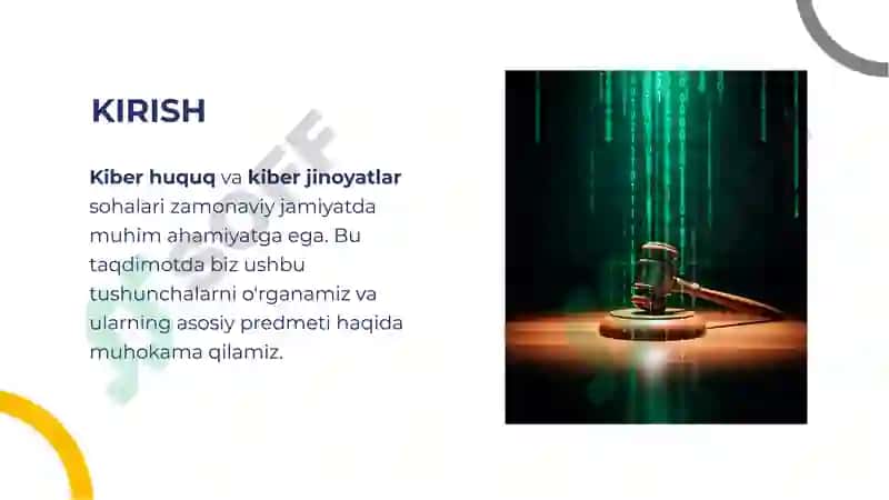 Kiber huquq va kiberjinoyatlar tushunchasi va predmeti. 2