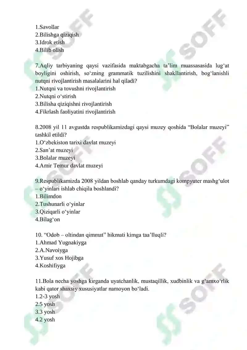 MAKTABGACHA PEDAGOGIKA” FANIDAN DAVLAT ATTESTATSIYASI UCHUN TEST SAVOLLAR 2