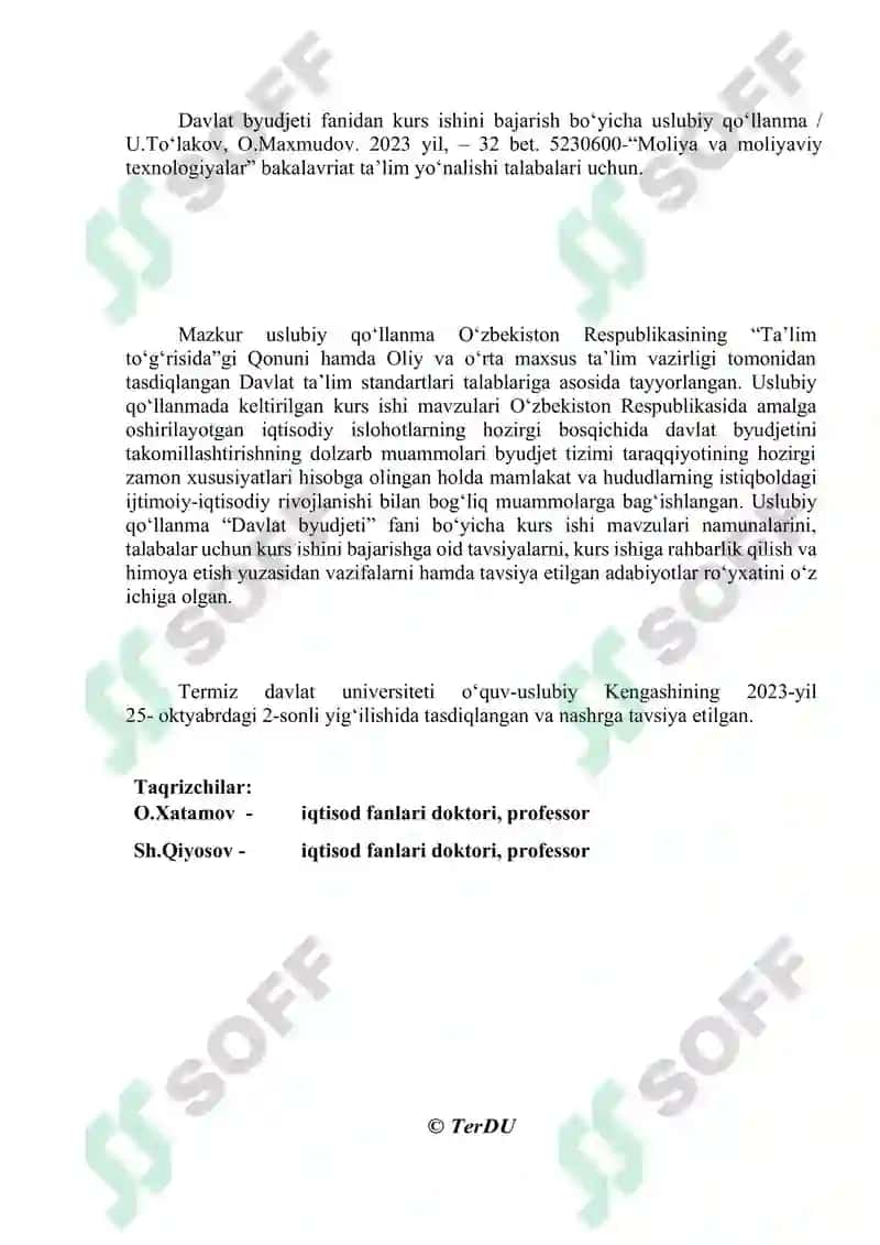 Davlat byudjeti fanidan kurs ishini bajarish boʻyicha uslubiy qoʻllanma 2