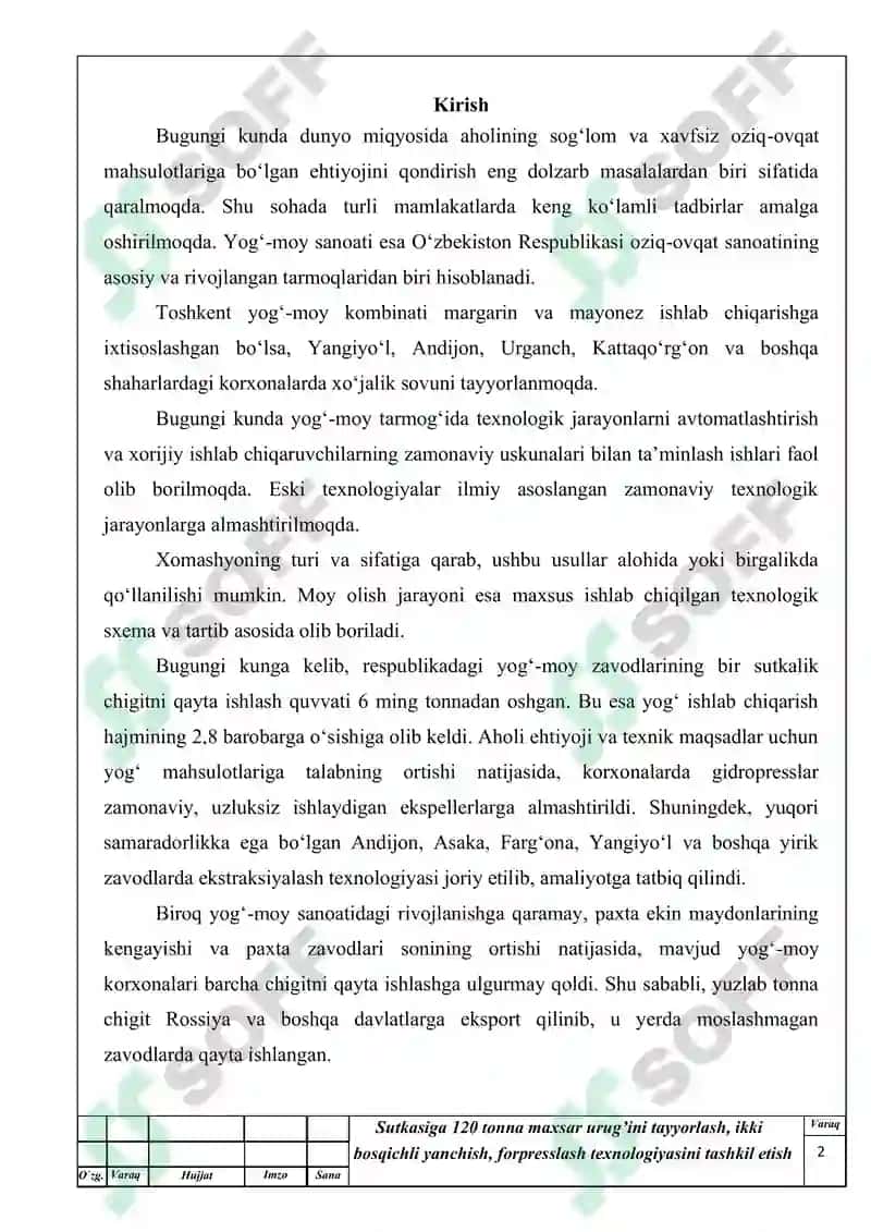 Sutkasiga 120 tonna maxsar urug’ini tayyorlash, ikki bosqichli yanchish, forpresslash texnologiyasini tashkil etis 2