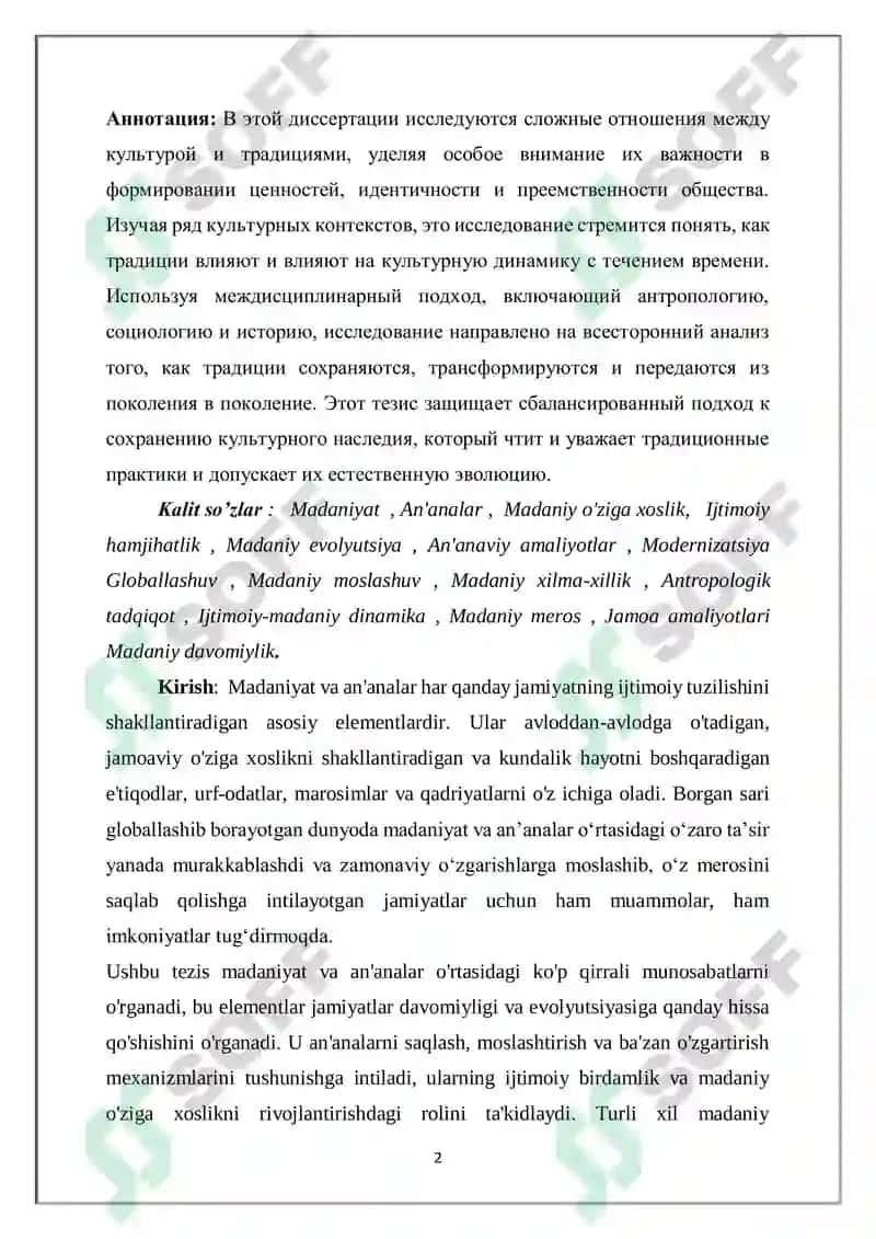 Tezis: Madaniyat va Anʼanalar 2