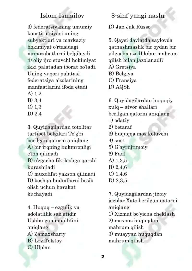 8 sinf huquq 2024 yil yamgi nashr bo'yicha 30 talik test 2