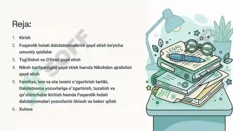 FUQAROLIK HOLATI DALOLATNOMALARINI QAYD ETISH MAZVUSI BO'YICHA MUSTAQIL ISH 2