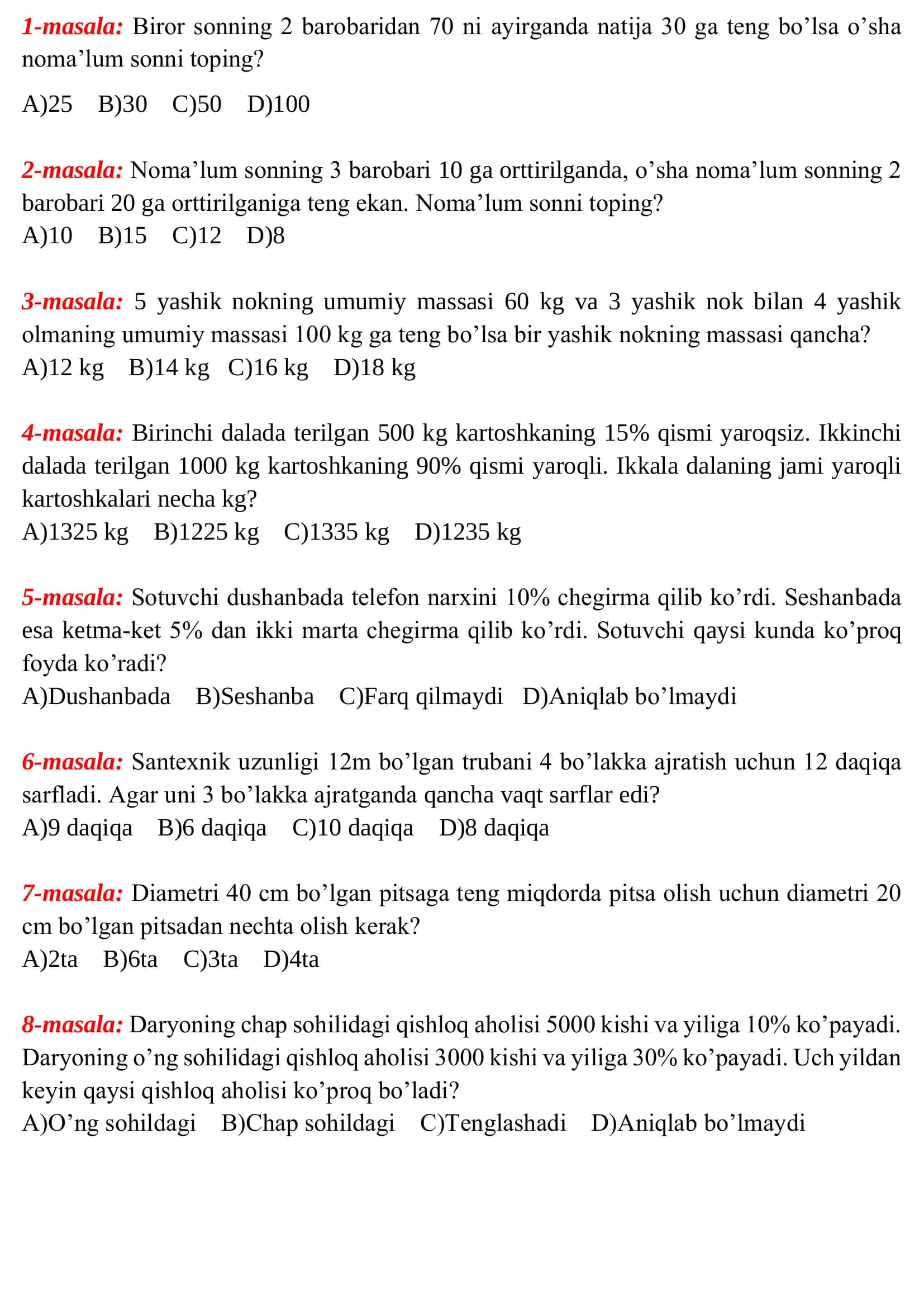 Prezident va ixtisoslashtirilgan maktab testlaridan namunalar (matnli masalalar) 2