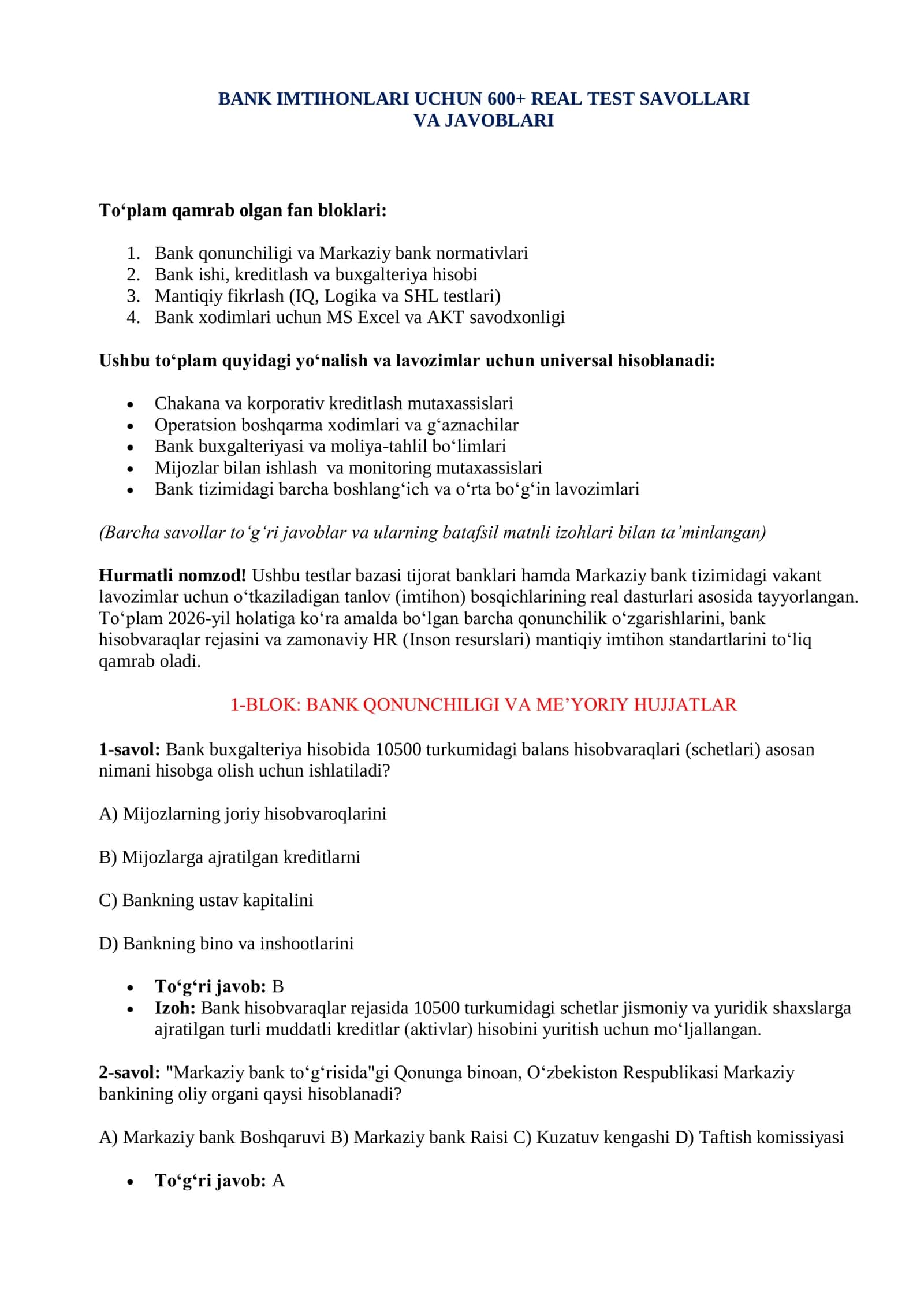 BANK IMTIHONLARI UCHUN 600+ REAL TEST SAVOLLARI VA JAVOBLARI 2