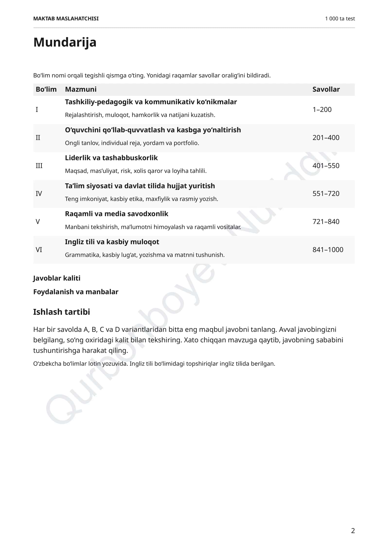 MAKTAB MASLAHATCHISI 1000 ta test 2026 yangi 2