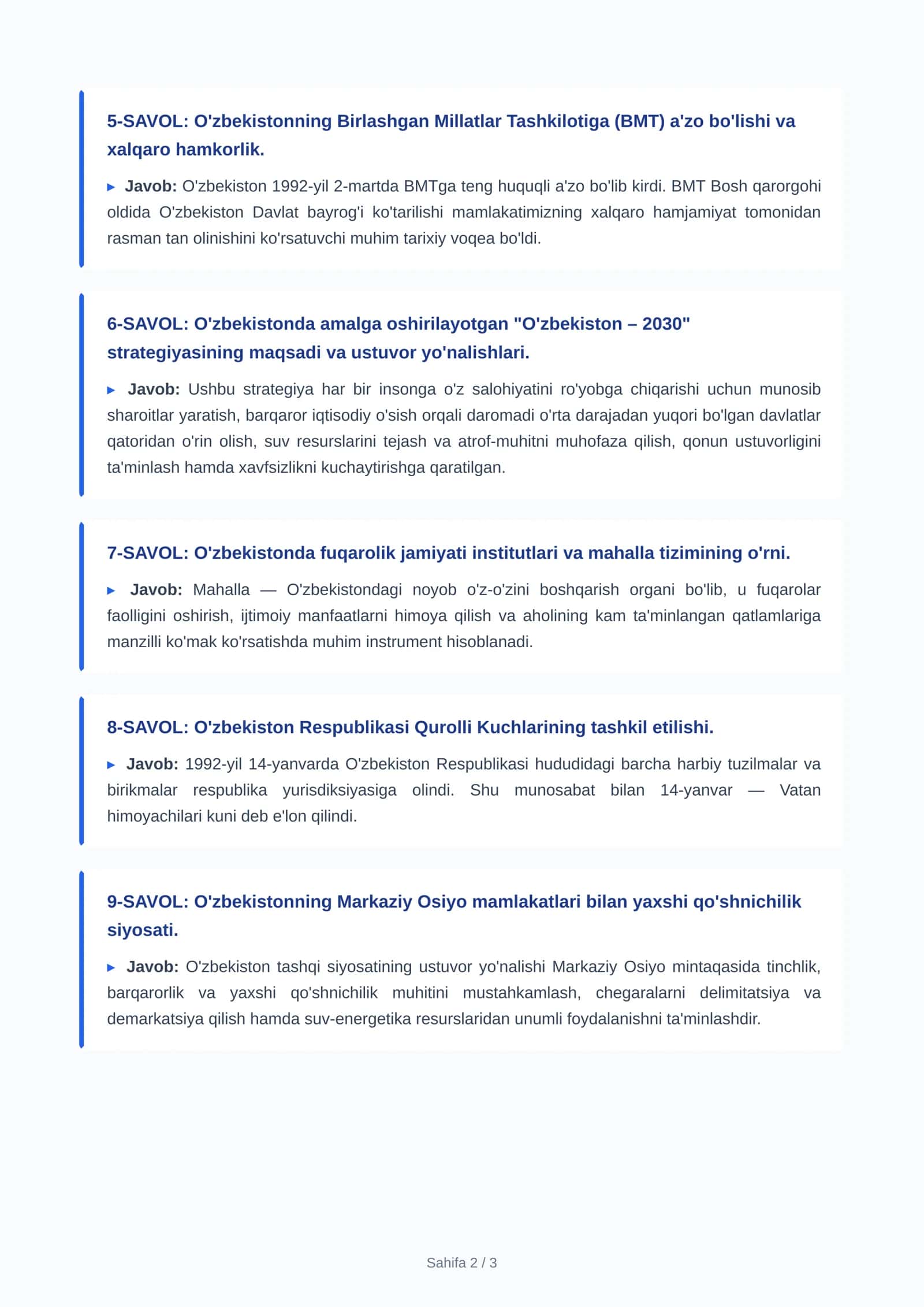 OTM 1-ku O'zbekistonning eng yangi tarixi fanidan YN va ON tayyor savol-javoblar to'plami (PDF 2