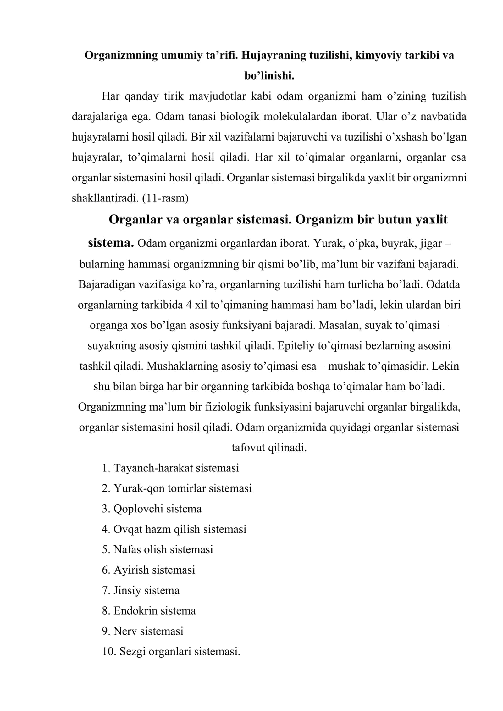Organizmning umumiy ta’rifi. Hujayraning tuzilishi, kimyoviy tarkibi va bo’linishi 2