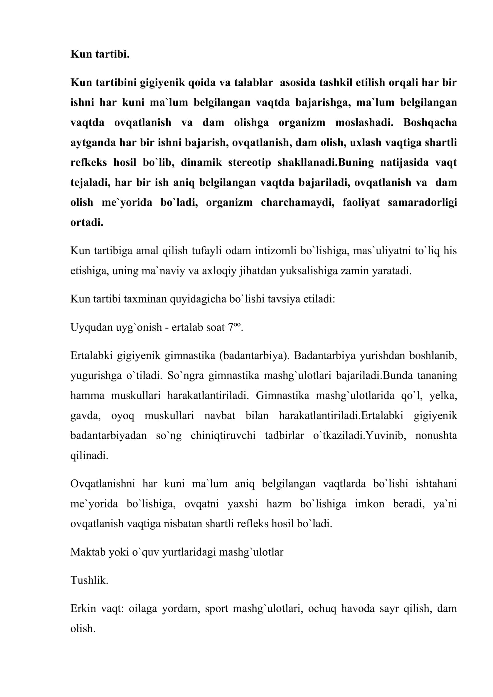 Kun tartibi, shaxsiy gigiyena, organizmni chiniqtirish, ratsional ovqatlanish - sog’lom turmush tarzining muhim qismlari 2
