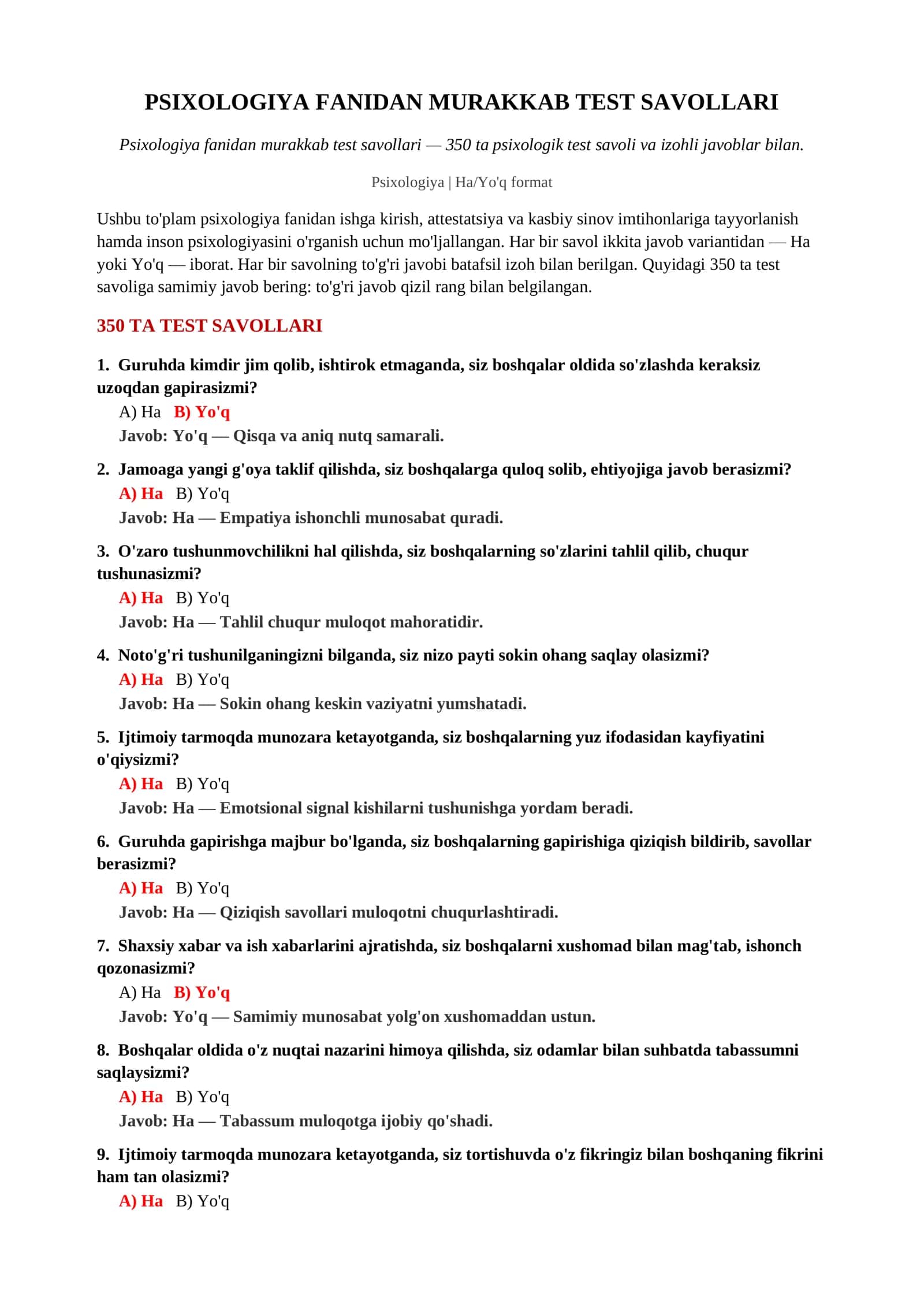 Psixologiya fanidan murakkab test savollari 2