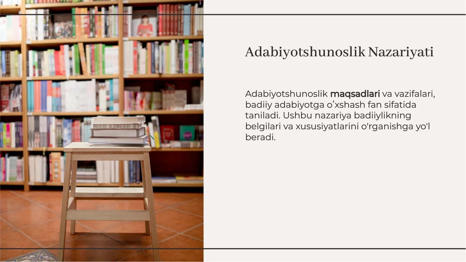 Adabiyotshunoslik nazariyasi Maqsadlar va vazifalar. Badiiy adabiyotga oʻxshash fan. Badiiylikning belgilari va xususiyatlari 2