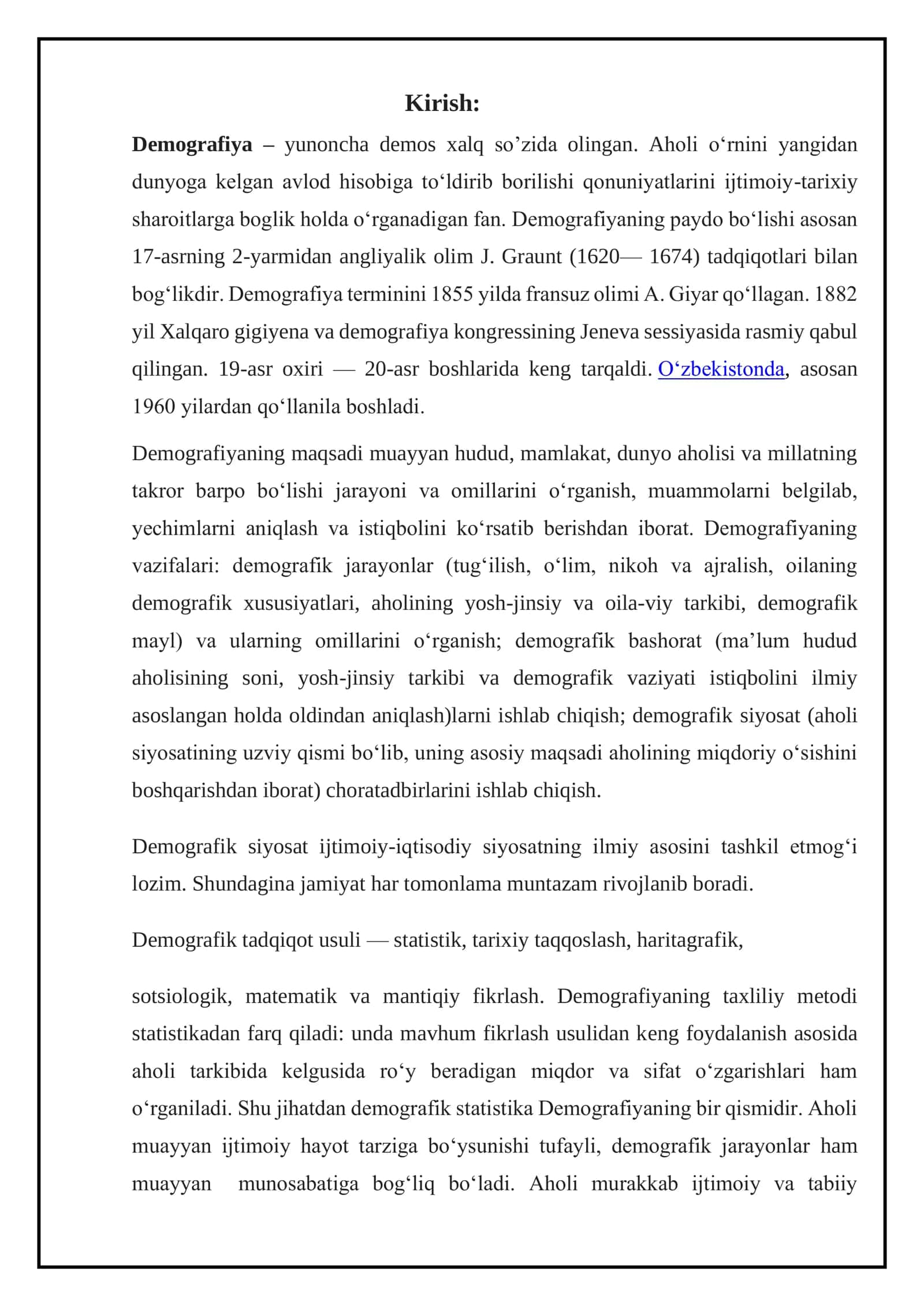 Demografik o’tish bosqichlari va ushbu jarayonni dunyo hududlari bo’ylab ahamiyati 2