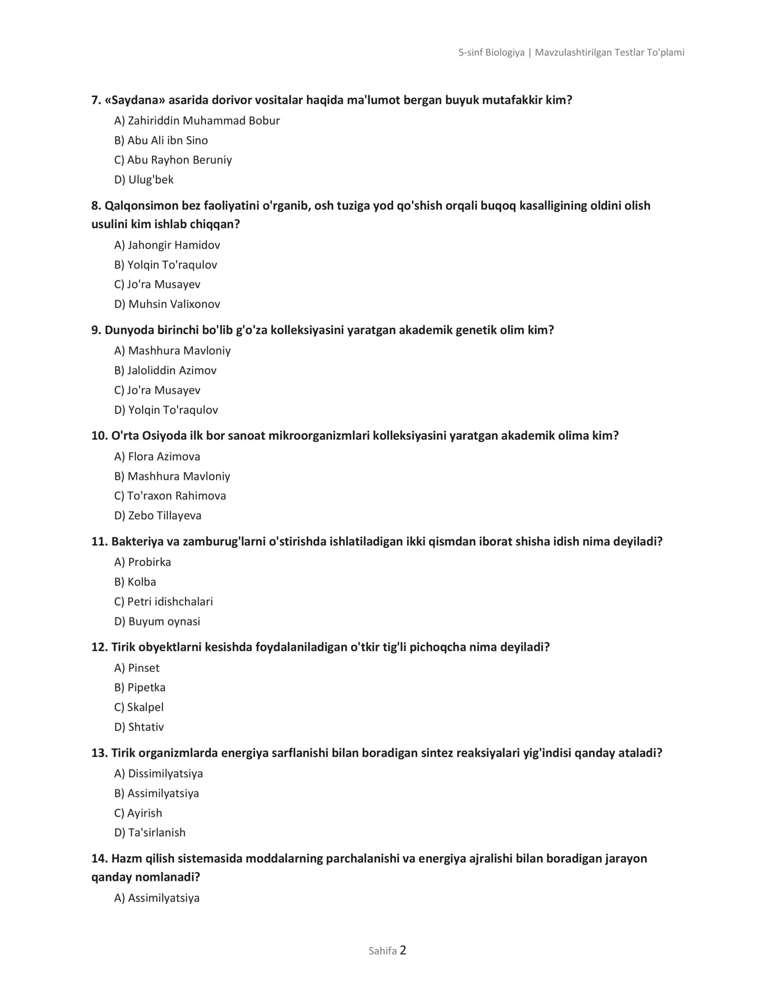 5-sinf Biologiya | Mavzulashtirilgan Testlar To'plami 2