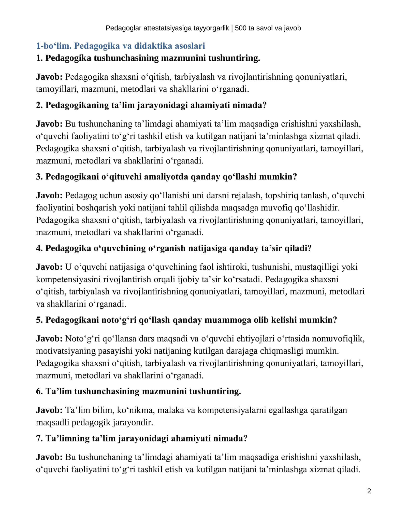 Pedagoglar attestatsiyasiga tayyorgarlik: 500 ta savol va javob 2
