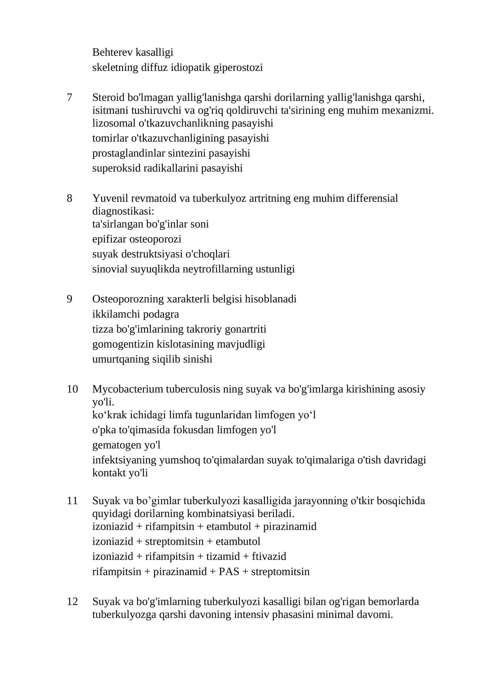Suyak tizimi ftiziatriyasi mutaxassisligi bo'yicha shakllantirilgan test savollari ro'yxati 2026 2