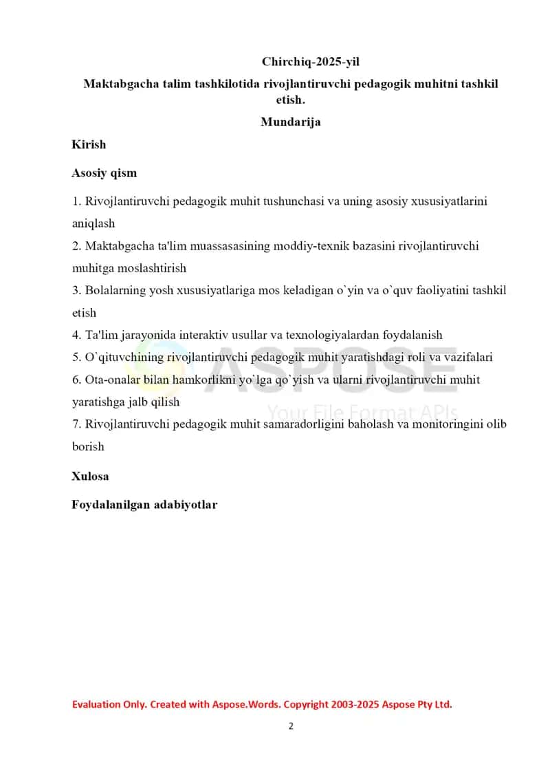 Rivojlantiruvchi pedagogik muhitni tashkil etish 2