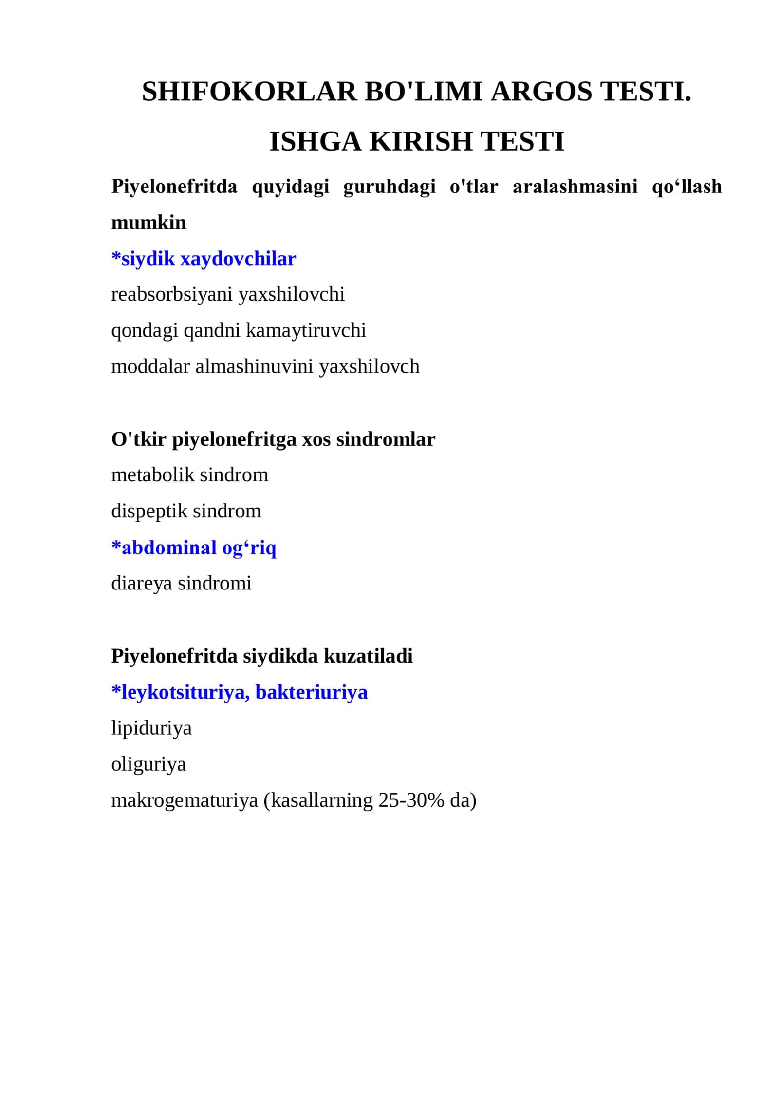 Shifokorlar bo‘limi ARGOS testi Ishga kirish testi va test javoblari 2026 2