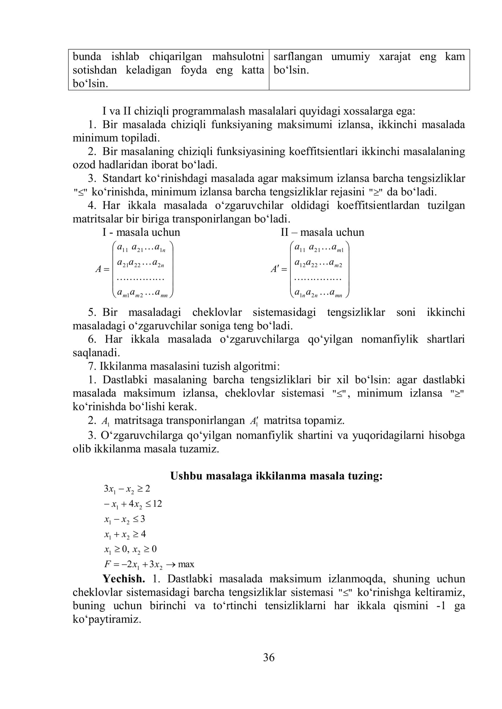 Shiziqli programmalashtirishlar ikkilanma nazariyasi 2