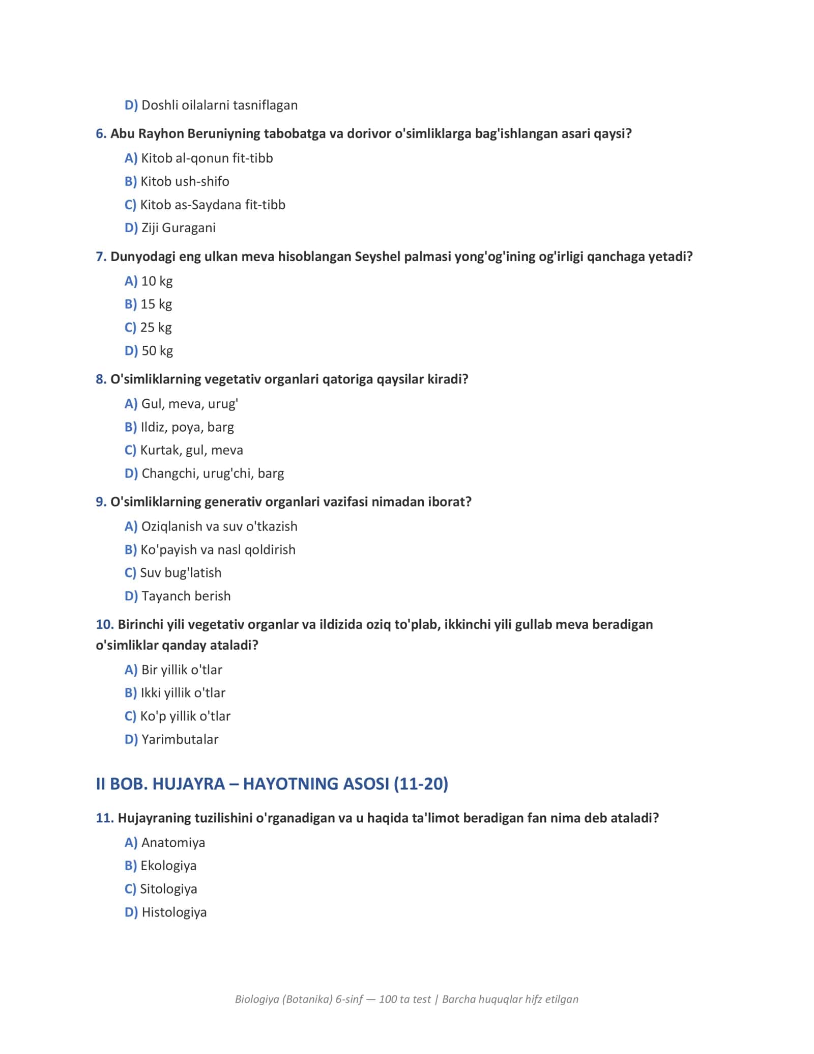 Biologiya (Botanika) 6-sinf — 100 ta test | Barcha huquqlar hifz etilgan 2