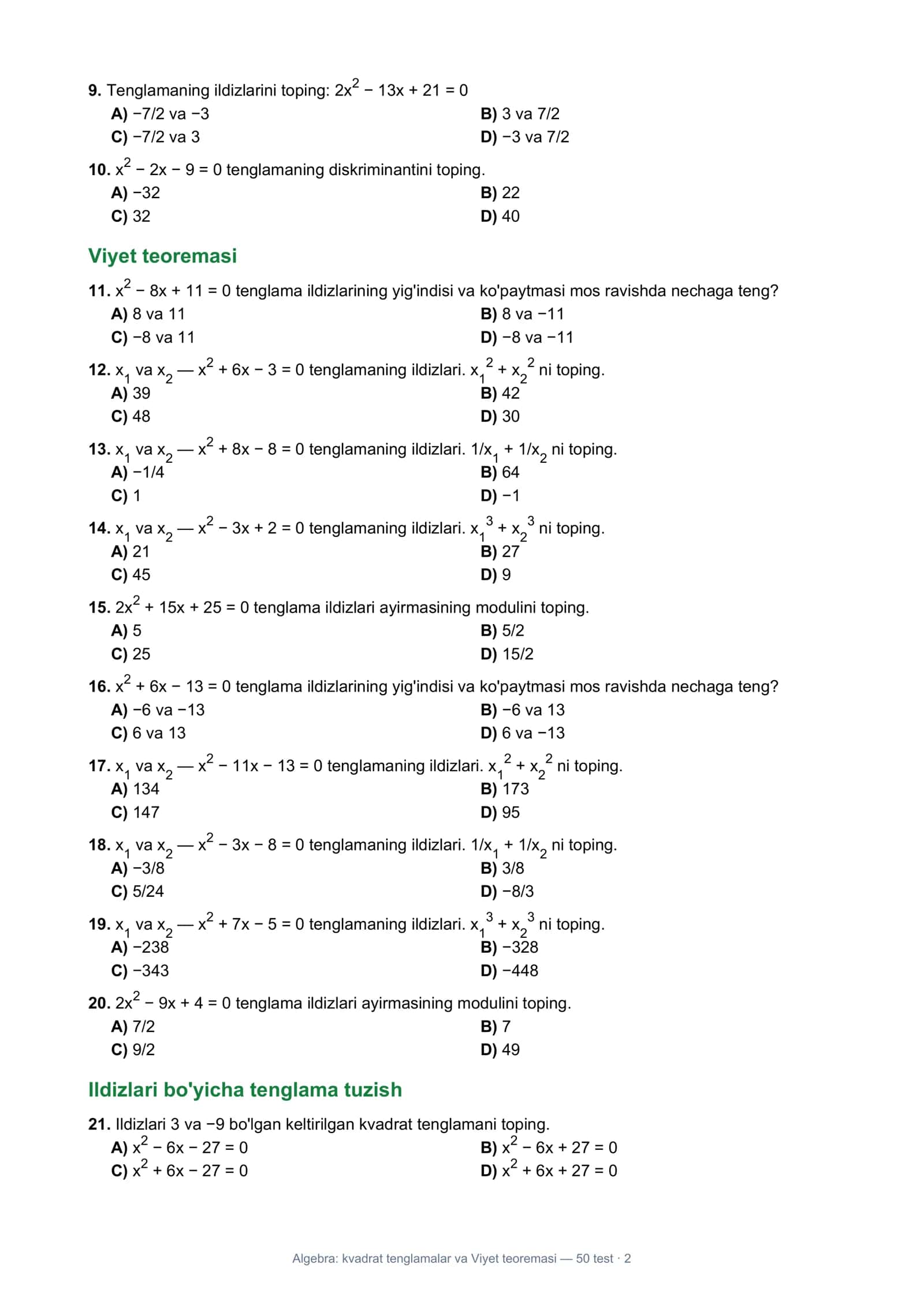 Algebra: Kvadrat tenglamalar va Viyet teoremasi 2