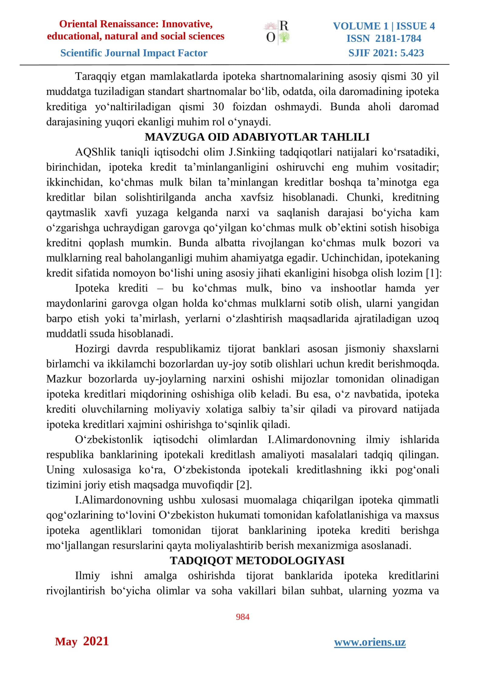 IPOTEKA KREDITLARINI RIVOJLANTIRISHNING SBERBANK TAJRIBASI VA UNI O‘ZBEKISTON TIJORAT BANKLARIDA TADBIQ ETISH ISTIQBOLLARI 2