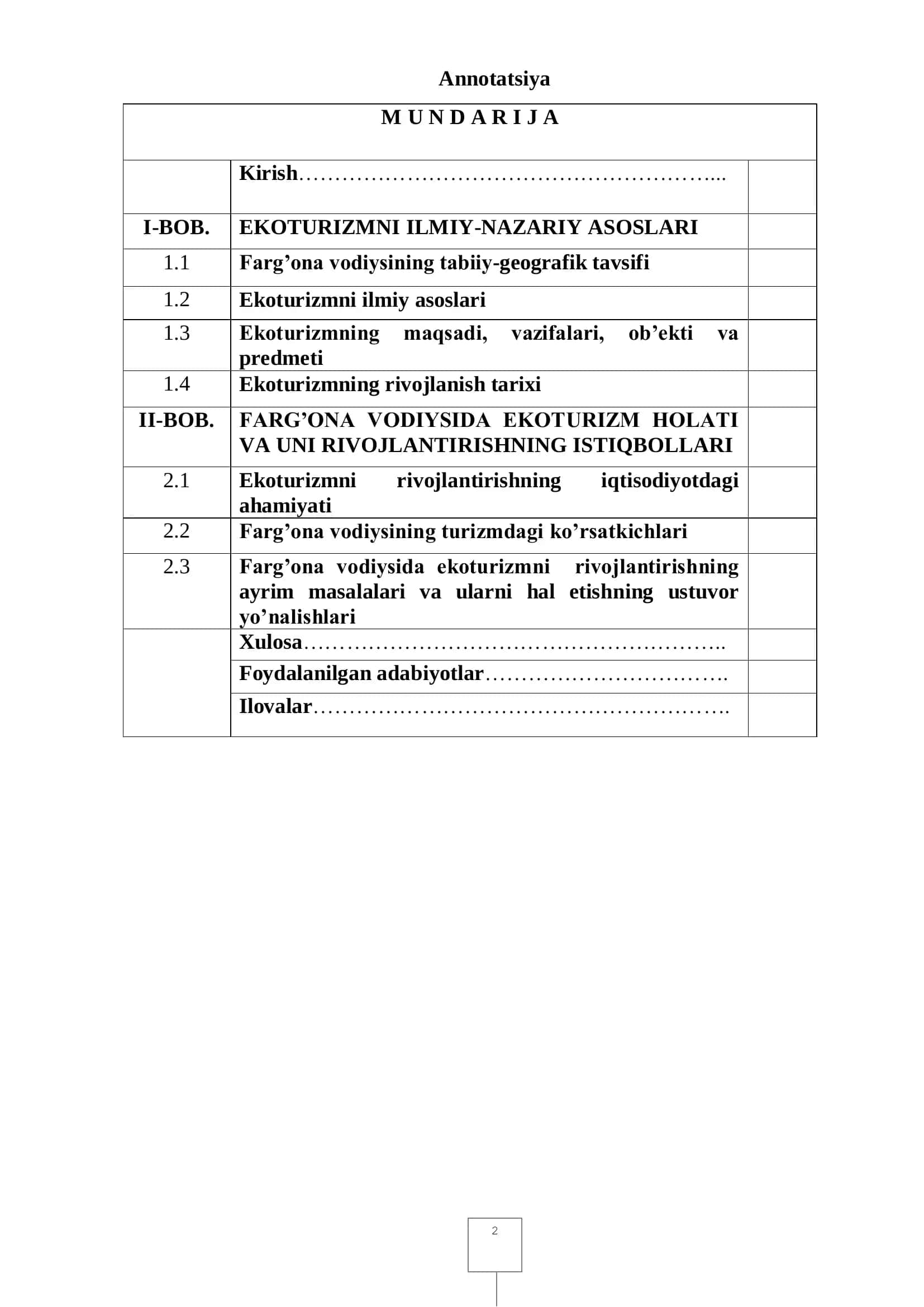 FARG‟ONA VODIYSIDA EKOTURIZM VA UNI RIVOJLANTIRISH MASALALARI 2