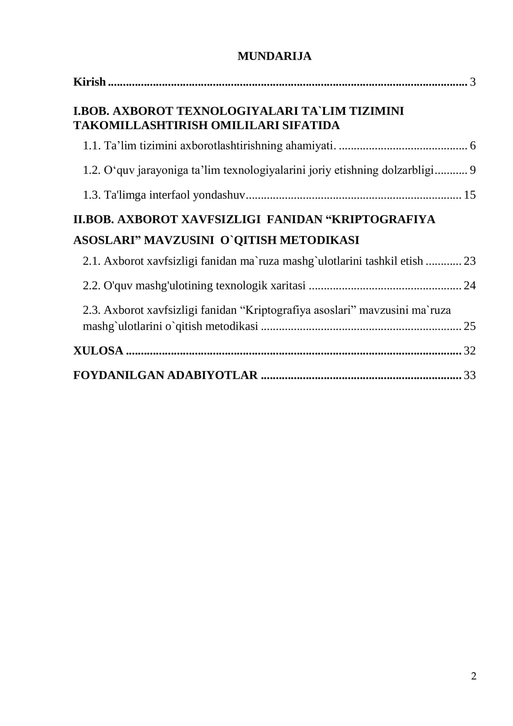 “Axborot xavsizligi ” fanini pedagogik va axborot texnologiyalari yordamida o`qitish metodikasi 2