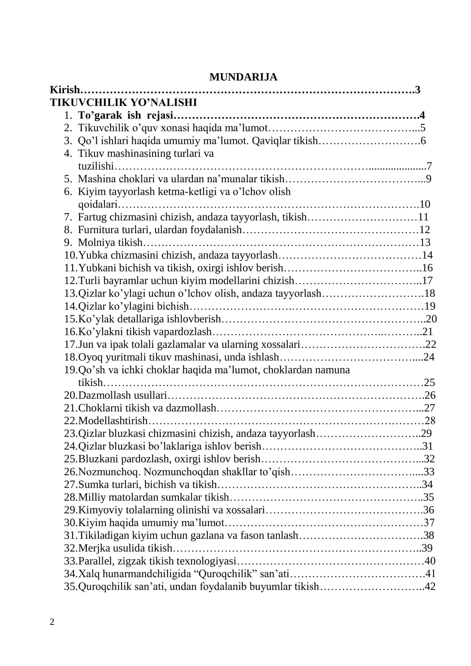 Tikuvchilik to'garagi ish reja va ishlanmalari 2