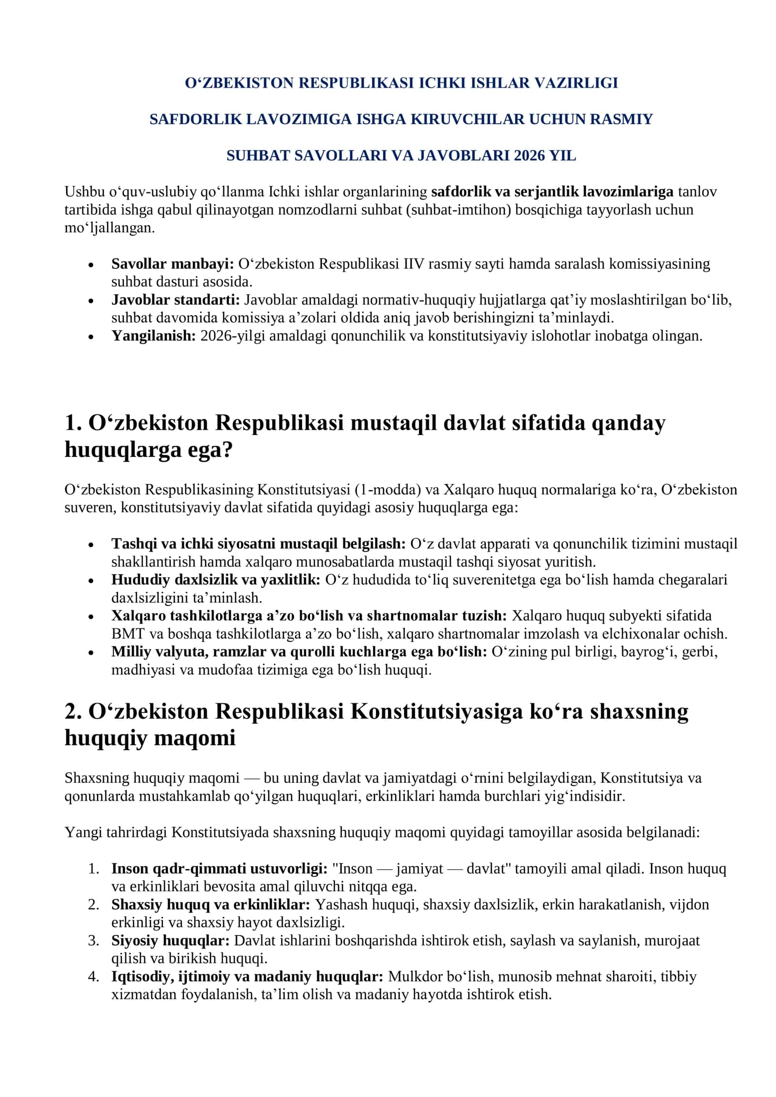 IIV SAFDORLIK SUHBAT SAVOLLARI VA JAVOBLARI 2026 YIL 2