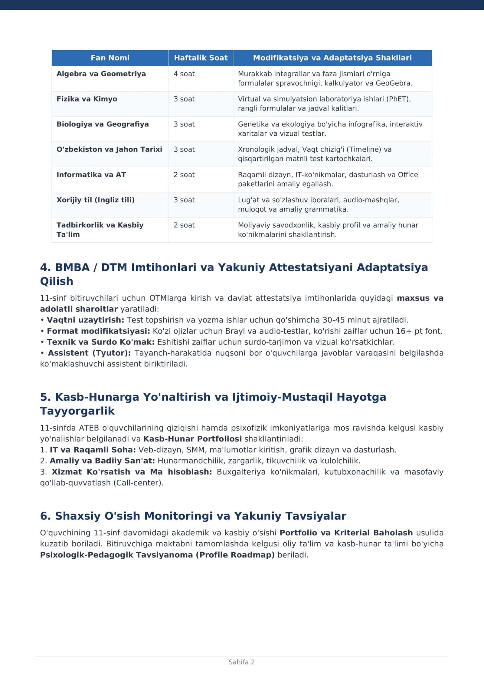 11-SINF ALOHIDA TA'LIM EHTIYOJLARI BO'LGAN O'QUVCHILAR (ATEB) UCHUN INKLYUZIV TA'LIM REJASI VA YETR / IEP MODULI 2