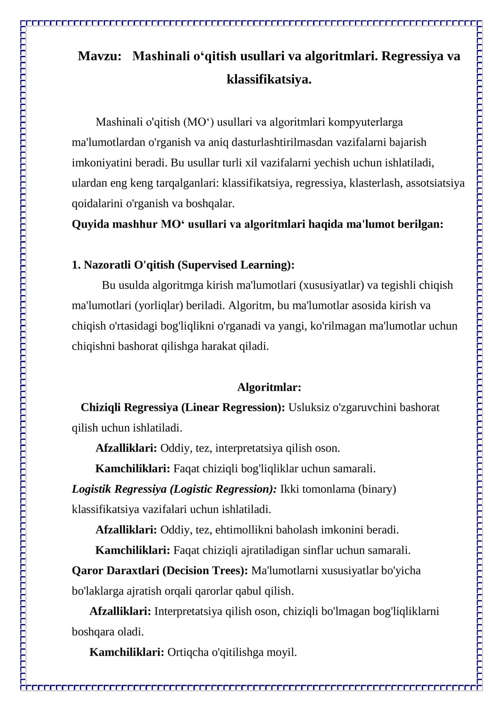 Mashinali o‘qitish usullari va algoritmlari 2