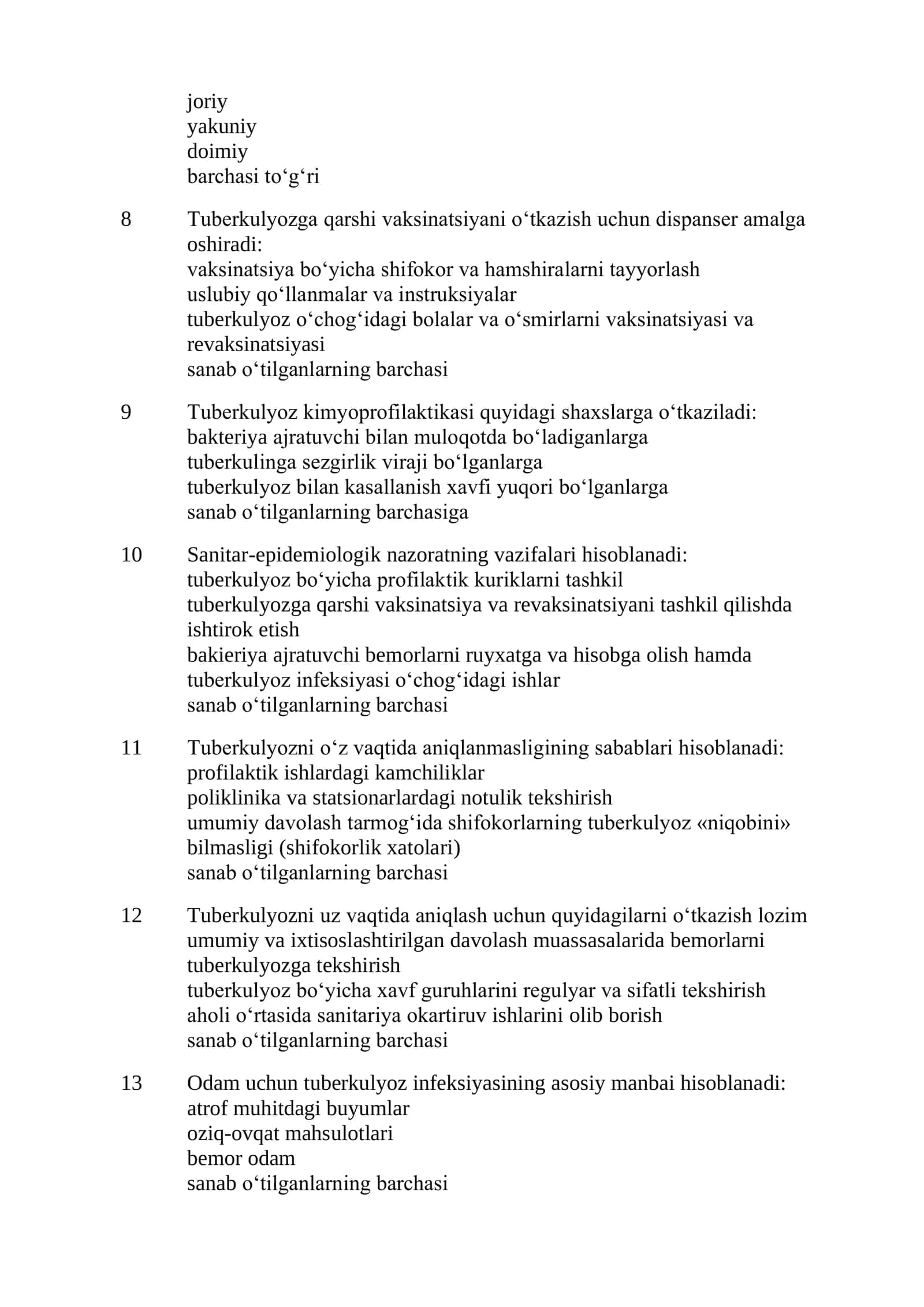 Ftiziatriya mutaxassisligi bo'yicha shakllantirilgan test savollari ro'yxati  2026 2