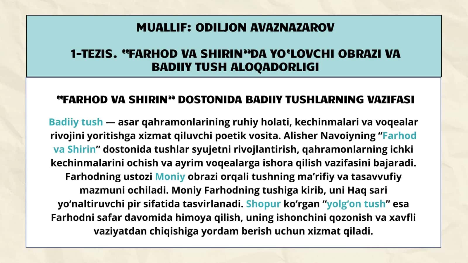 "Farhod va Shirin" dostoni boʻyicha maqola va tezislar tahlili 2