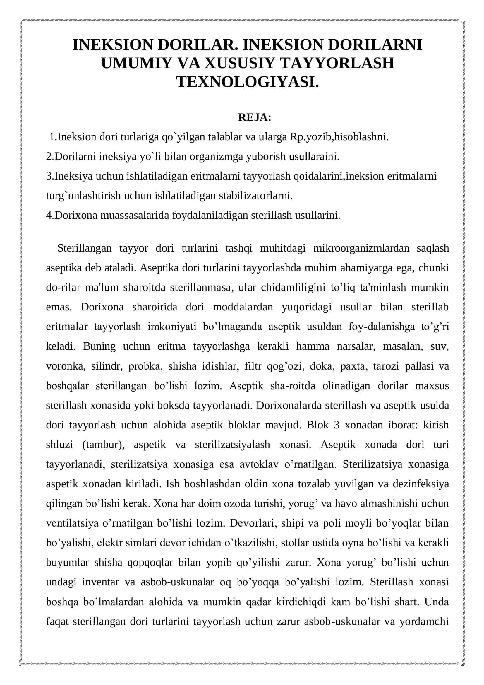 INEKSION DORILAR. INEKSION DORILARNI UMUMIY VA XUSUSIY TAYYORLASH TEXNOLOGIYASI 2